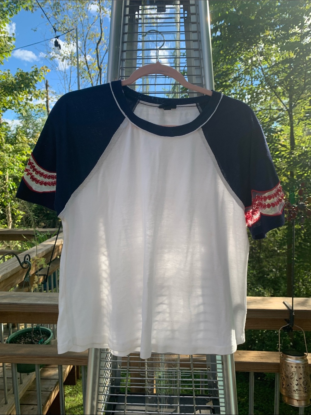 torrid Navy and White Raglan Crop Top with Red Embroidered Sleeves Baseball Tee